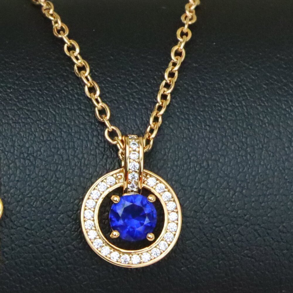 "Rose Gold Necklace with Blue Center Stone and Crystal Halo Pendant, XPNL1884